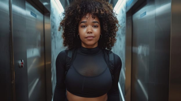 A woman with a black top and curly hair standing in an elevator