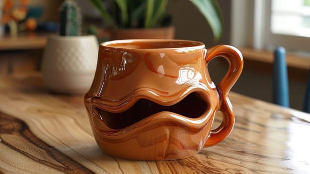 A coffee mug with a mouth on the side sitting in front of a plant