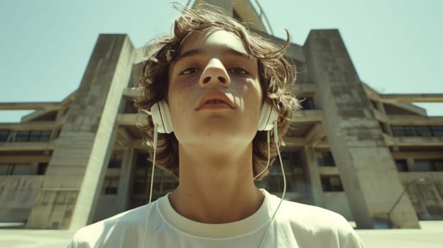 A young man with headphones on in front of a building