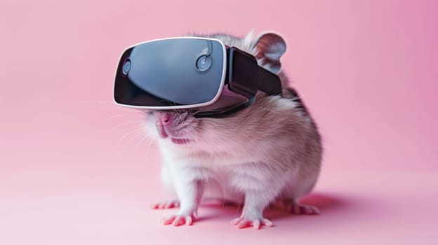 A small rodent wearing a virtual reality headset on pink background