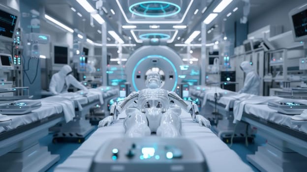 A futuristic medical facility with a robot in the middle of it