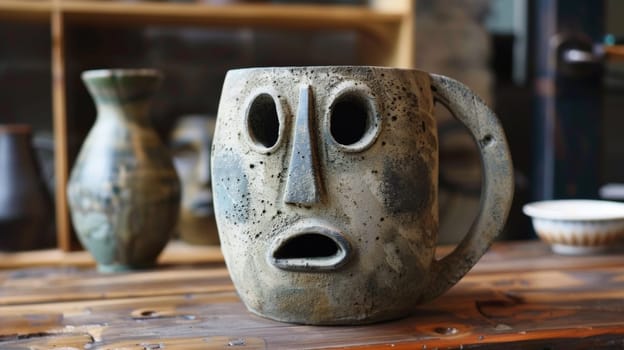 A ceramic mug with a face on it sitting next to other vases