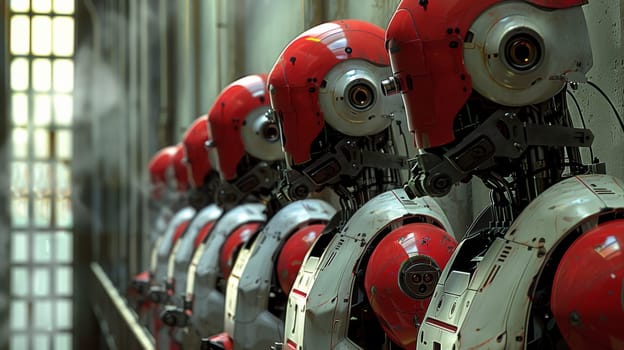 A row of red and white robots lined up against a wall