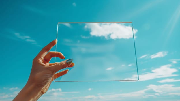 A person holding a square of glass in front of the sky