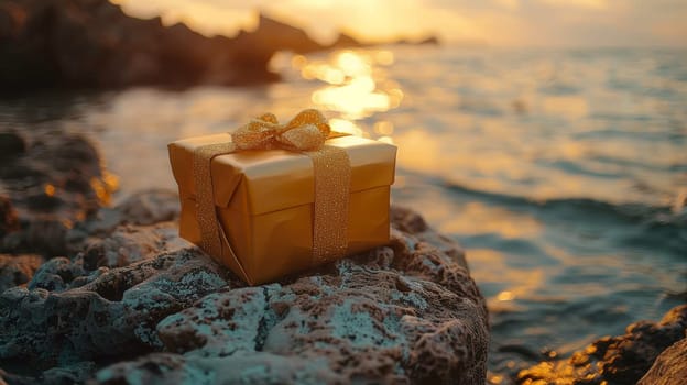 A gift box sitting on top of a rock with the ocean in background