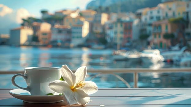 A cup of coffee and a flower on the table in front of water