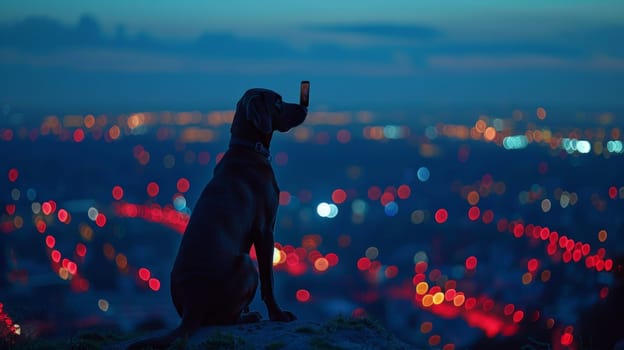 A dog sitting on a hill looking at the city lights