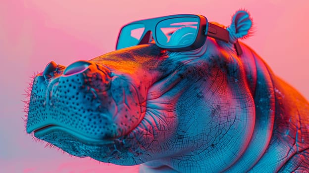 A hippo wearing sunglasses with a pink background