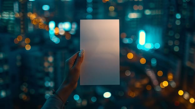 A person holding a piece of paper in front of city lights