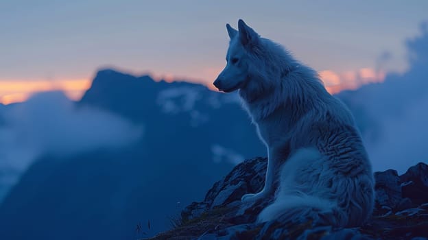 A white dog sitting on top of a mountain with the sun setting in front