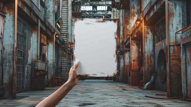 A person holding up a blank piece of paper in an industrial setting