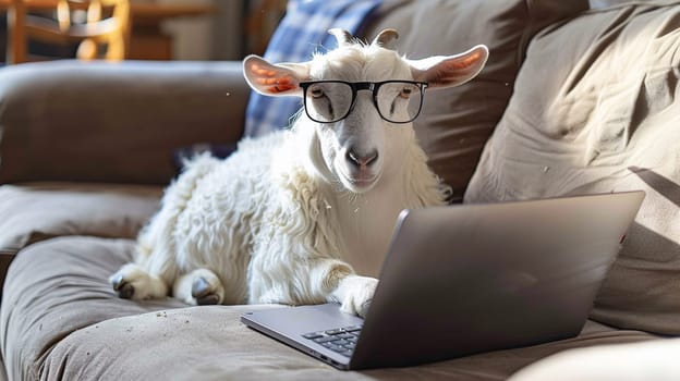 A goat wearing glasses sitting on a couch with laptop