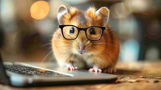 A small mouse wearing glasses on a laptop computer