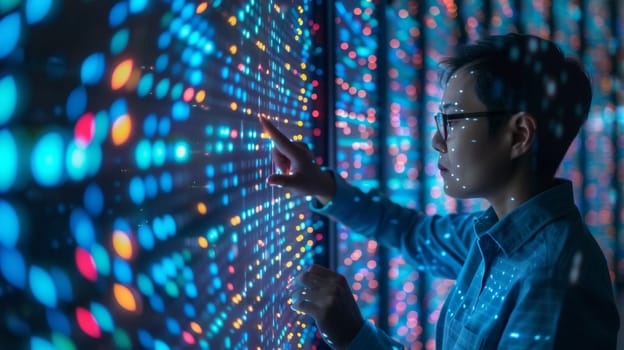 A man looking at a wall of lights with dots on it