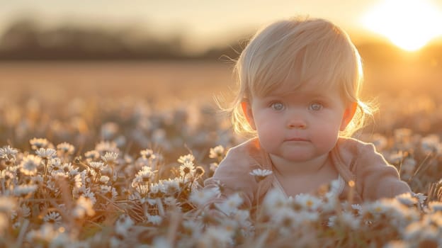 A baby sitting in a field of flowers with sun shining on her