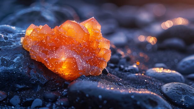 A close up of a orange rock sitting on some rocks