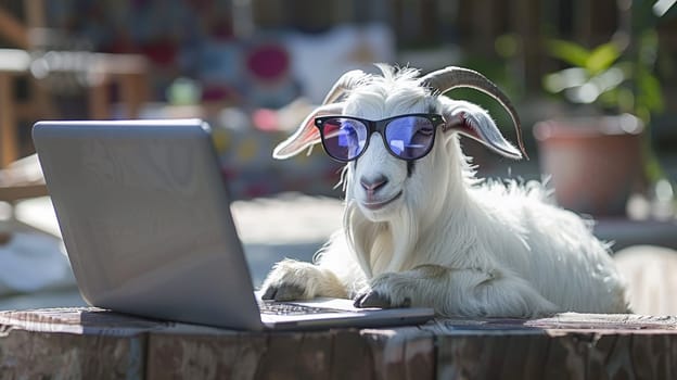 A goat wearing sunglasses and a laptop on top of wooden table