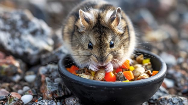 A small rodent eating food out of a bowl on the ground