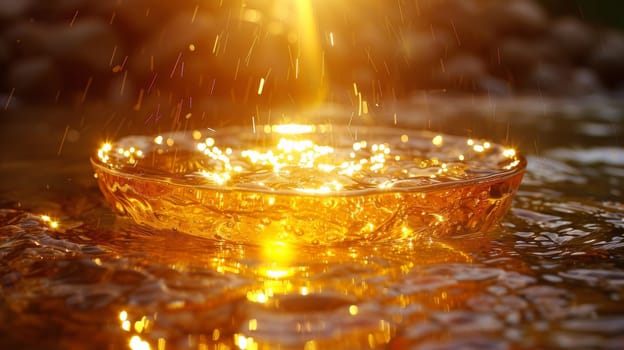 A glass bowl with water and a light shining on it