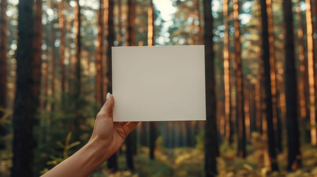 A person holding a blank piece of paper in front of trees