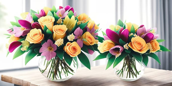 Floral Elegance. A vibrant bouquet of spring flowers arranged in a stylish vase with soft natural lighting to symbolize elegance and femininity