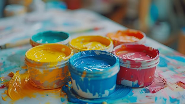 A variety of vibrant colored paints, including electric blue, are displayed on a table. The paints are ready for use in creating colorful art and fashion accessories