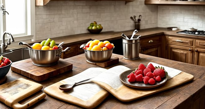 Kitchen Creations. A beautifully styled image of a rustic kitchen counter with fresh fruits, a recipe book, and vintage kitchen utensils