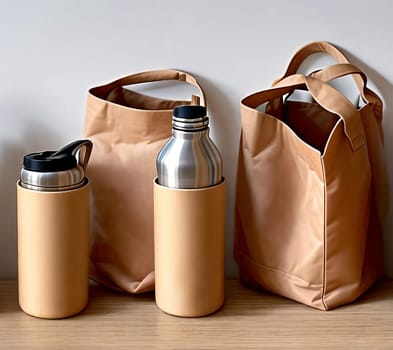 Sustainable Living. Showcase a sustainable lifestyle with a composition of reusable eco-friendly products like a bamboo toothbrush, a stainless steel water bottle, and a canvas tote bag