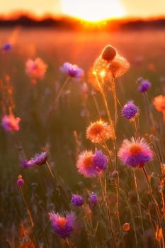 Golden Hour Glow. Warm, soft light of the setting sun illuminating delicate wildflowers or intricate spiderwebs in a field, highlighting their natural beauty.