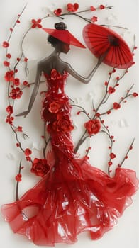 A woman in a red dress, holding an umbrella, surrounded by a floral pattern with petals and twigs, showcasing a creative arts and fashion design embellishment