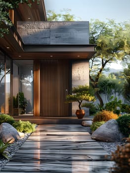 A wooden walkway winds through the trees and rocks, leading to the front door of a house surrounded by a natural landscape of plants and grass