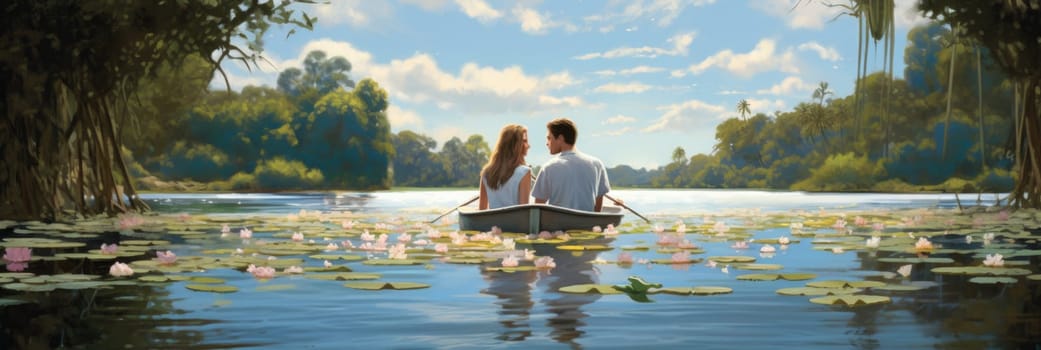 A painting depicting a man and a woman in a boat, showcasing their affectionate bond as they navigate the serene waters of a lake.