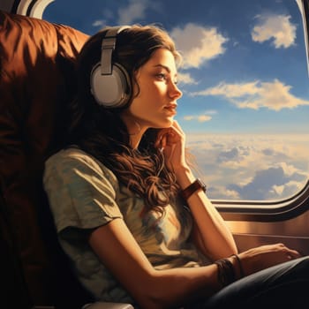 A woman wearing headphones sits on an airplane, engrossed in her music.