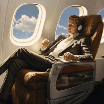 A male businessman sits comfortably in an airplane seat, wearing headphones and engrossed in his in-flight entertainment.