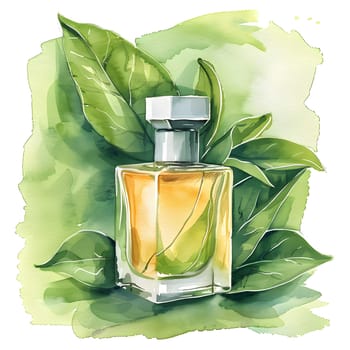 A bottle of liquid perfume is encircled by lush green plant leaves in a watercolor painting, showcasing a beautiful blend of fragrance and nature