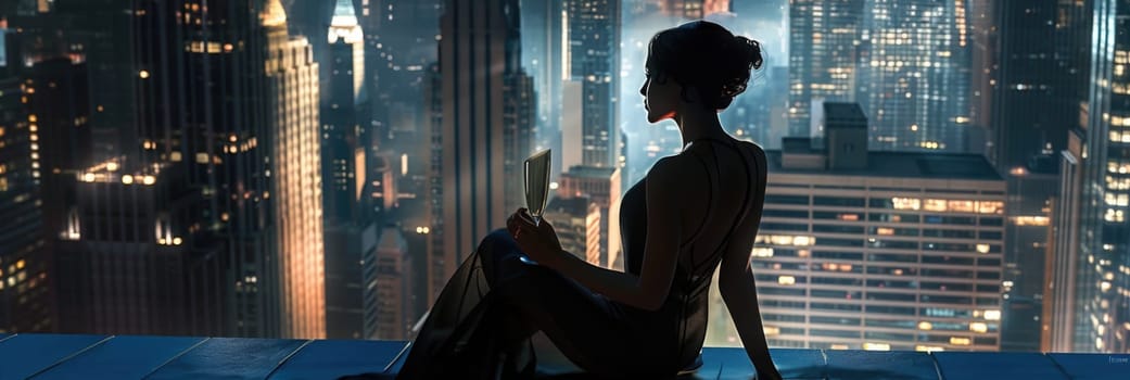 A woman leisurely sits on a ledge, enjoying the view of a vibrant city at night while holding a glass of wine.