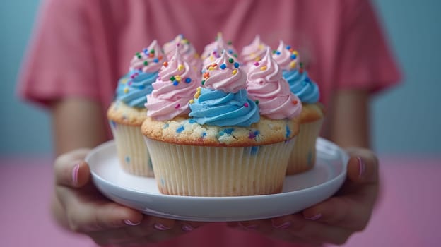 A person holding a plate with three cupcakes on it