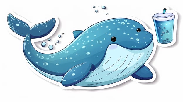 A sticker of a whale with bubbles and a drink in its mouth