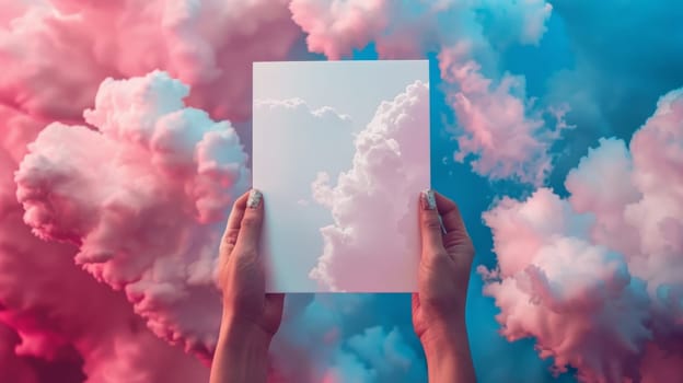 A person holding up a piece of paper with clouds in the background