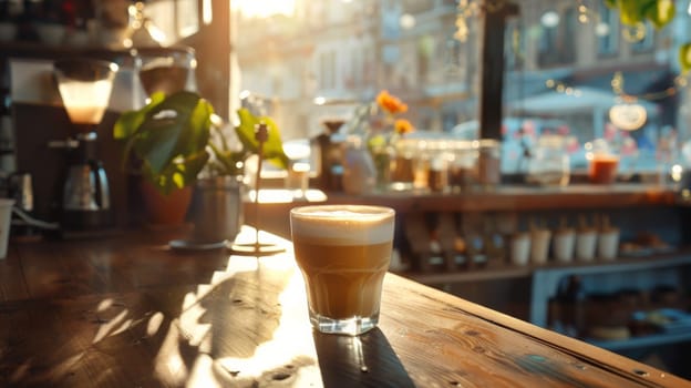 A glass of a cup sitting on top of a wooden table