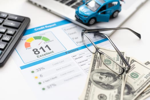 credit report with credit cards and calculator, glasses on banker work place white background top view. High quality photo