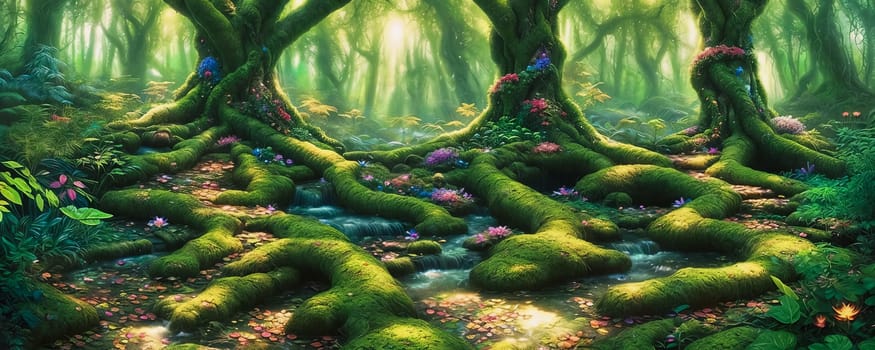 Mystical beauty of an enchanted forest. Vibrant greenery, twisting vines, and shimmering shafts of sunlight filtering through the canopy. Generative AI