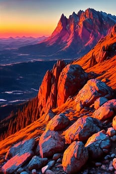 Mountain Majesty. Rugged beauty of a mountain peak at sunset, focusing on the intricate details of rocks and vegetation bathed in the warm, golden light of the fading day.