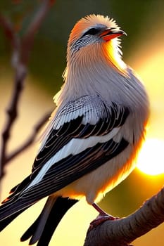 Avian Elegance. Bird perched on a branch against the setting sun, highlighting the intricate details of its feathers and the delicate play of light on its plumage in a stunning close-up shot.