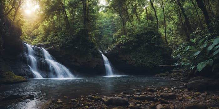 Fantasy landscape with waterfall at sunset, panorama.