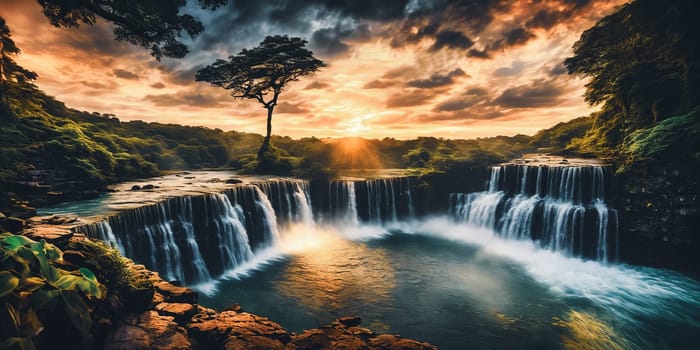 Fantasy landscape with waterfall at sunset, panorama.