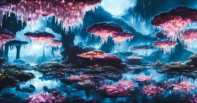 Crystal Cave, a subterranean world filled with shimmering crystal formations, glowing mushrooms, and irides. Generative AI