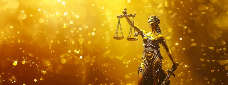 Lady justice statue isolated on a glowing yellow infinity background, judge and judgment concept