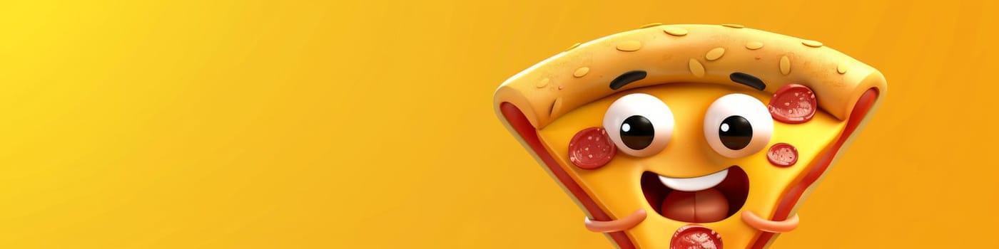 Cute, happy, smiling, piece of pizza isolated on a bright yellow background, food concept