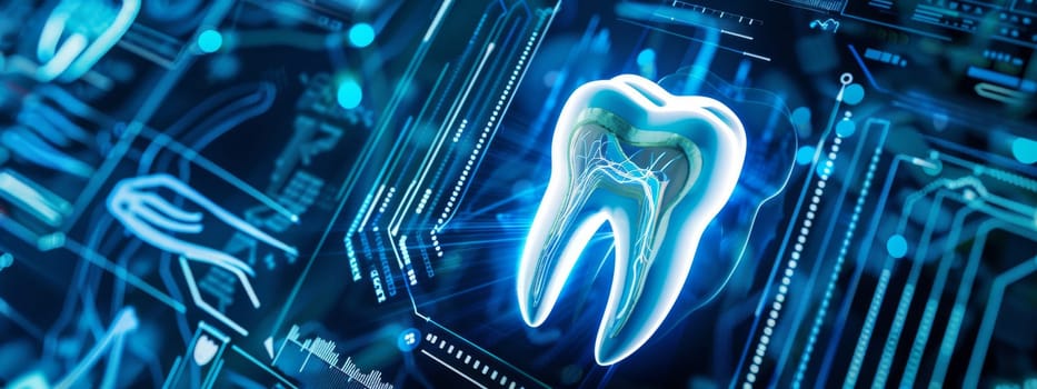 Futuristic tooth with a transparent technology interface, healthy lifestyle concept